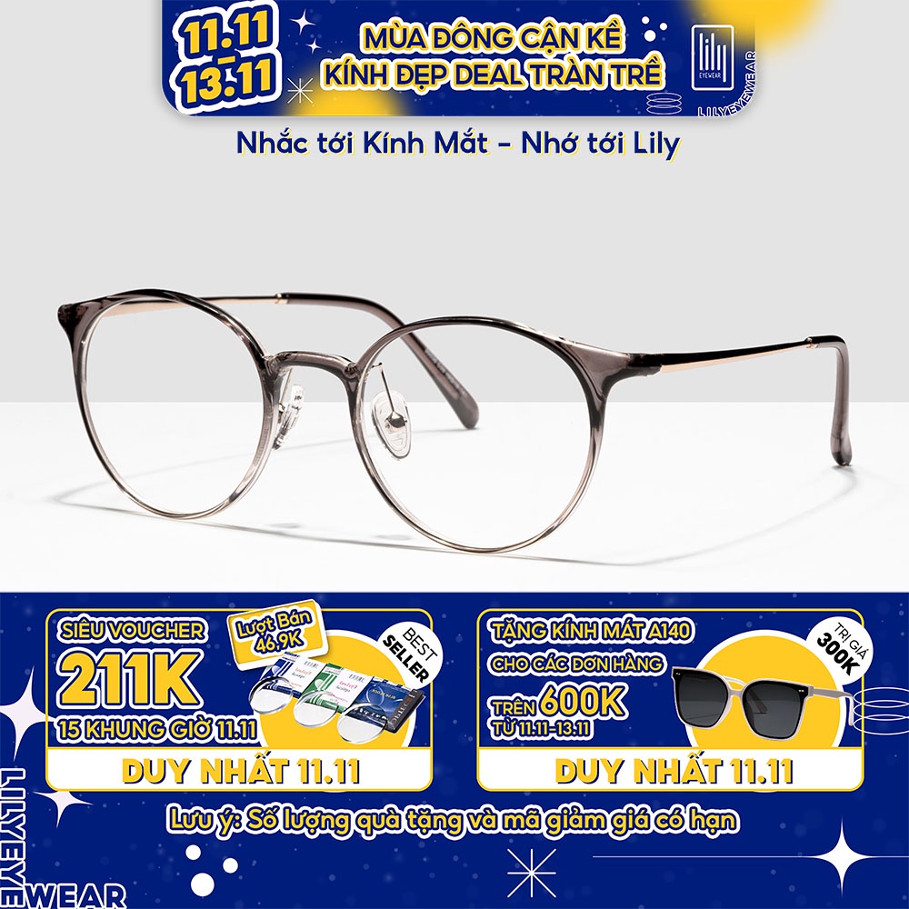Gọng kính tròn nữ LILYEYEWEAR mắt giả cận thanh mảnh màu sắc thời trang 90038
