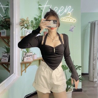 Áo croptop choàng cổ yếm vạt nhọn tay dài