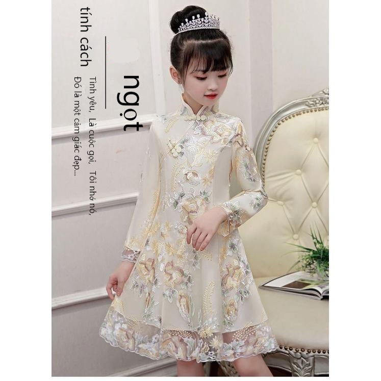 Đầm Sườn Xám Phối Ren Phong Cách Trung Hoa Thời Trang Mùa Hè 2022 Dành Cho Bé Gái