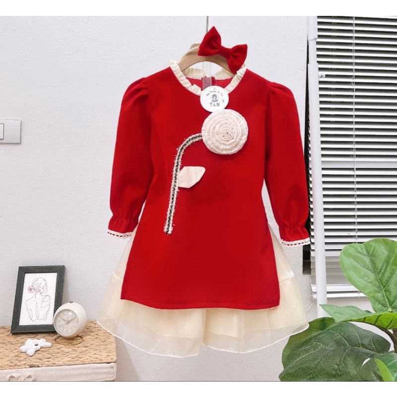 Áo dài cặp cách tân nhung đỏ bé trai bé gái chất đẹp