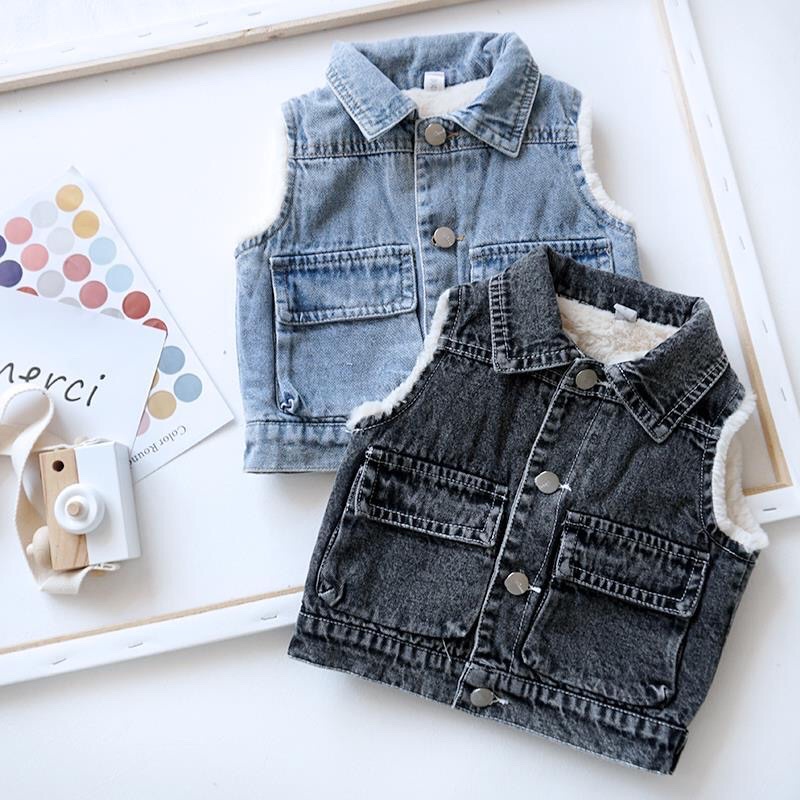 Áo gi-lê jean lót lông in hình gấu cho bé trai bé gái
