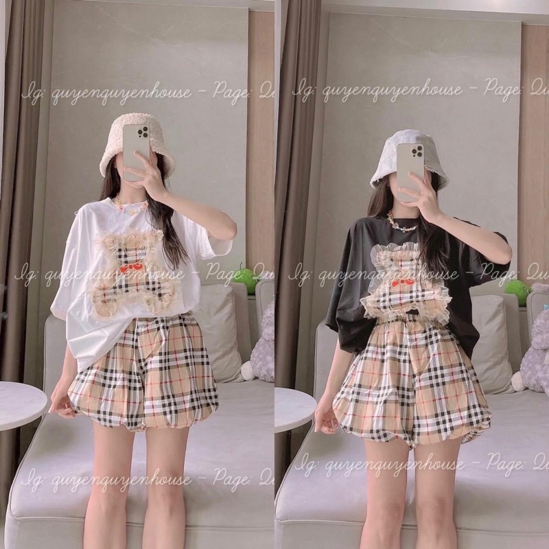 Set áo cotton gấu phối ren quần bí đùi xinh xắn