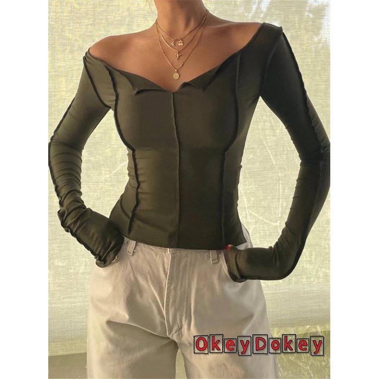 Áo Thun Crop Top Tay Dài Trễ Vai Màu Trơn Cho Nữ OKDK-Y2K