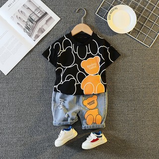 Set Đồ Thể Thao 2 Món Gồm Áo Thun + Quần Ngắn In Hình Gấu Dễ Thương Thời Trang Mùa Hè Cho Bé Trai Và Gái
