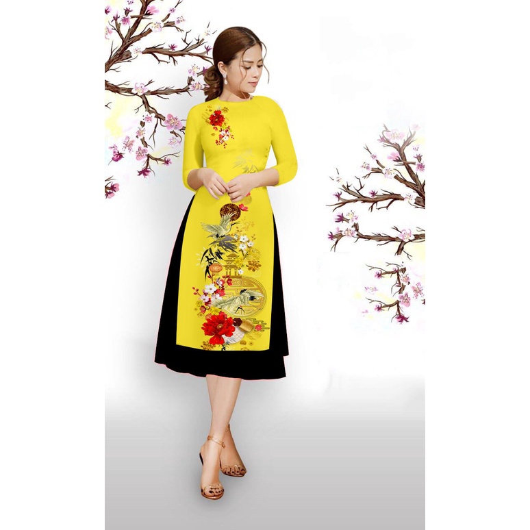 Áo dài cách tân - áo dài in hình hạt chất lụa la tinh mềm mịn co giản nhẹ