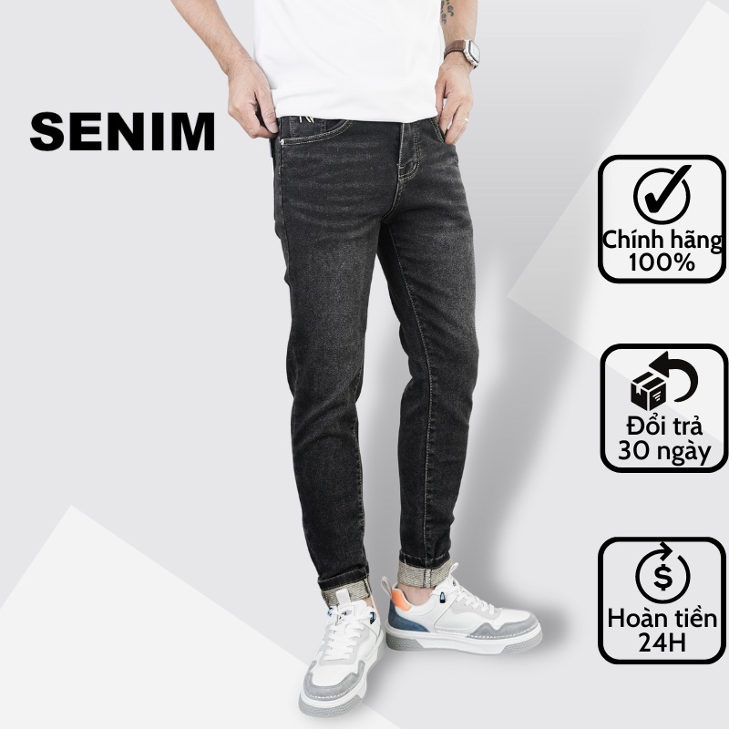 Quần jean nam SENIM, Quần bò vải Denim dày dặn Co giãn, form slimfit, Jean đen mài S096