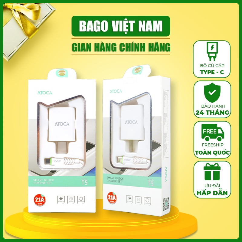 Bộ củ cáp sạc ATOCA T5 2.1A Type C chất liệu nhựa PC chịu nhiệt tốt - Hàng chính hãng có bảo hành
