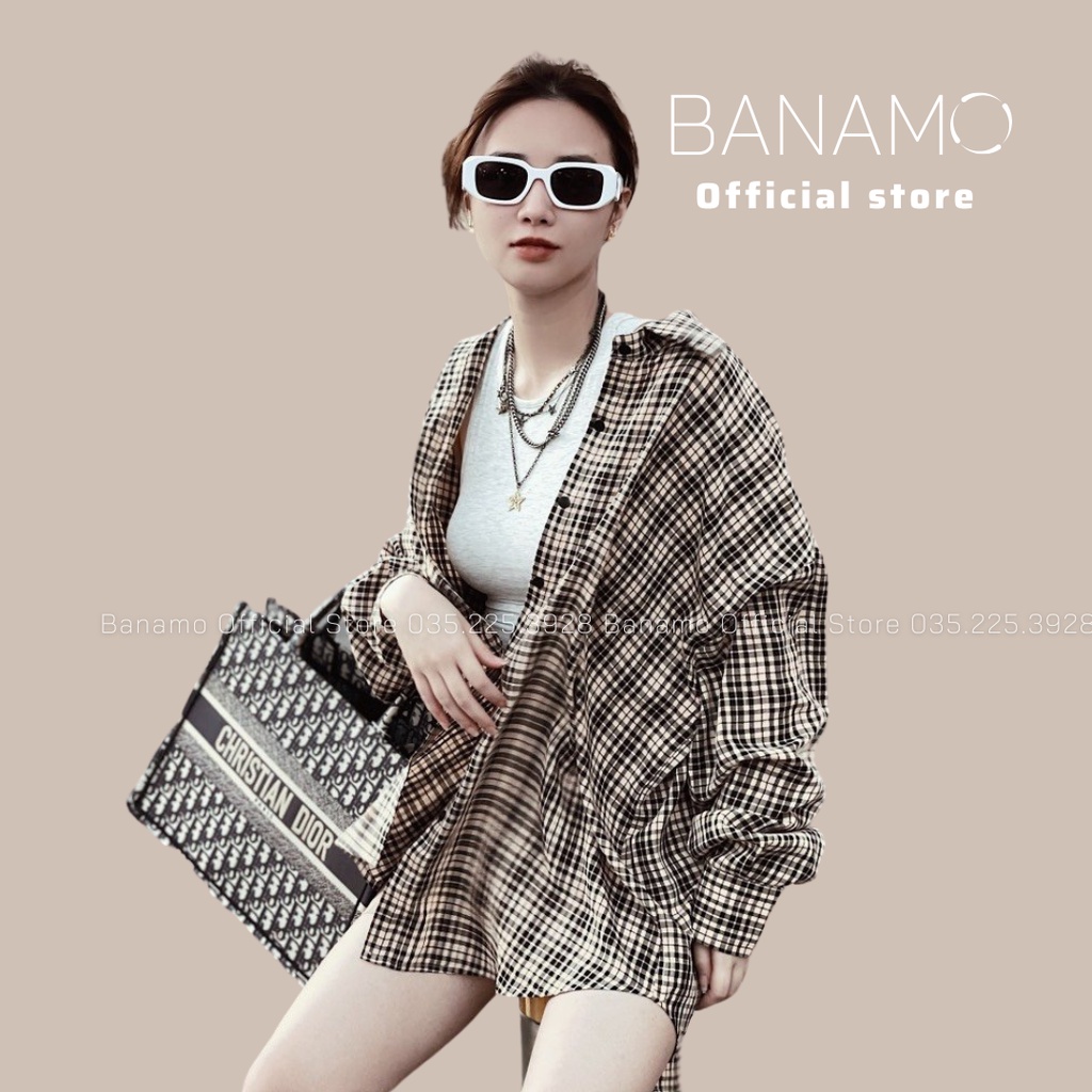 Áo sơ mi nữ kẻ caro dáng rộng vạt đuôi tôm thời trang Banamo fashion sơ mi kẻ 2 màu 3921