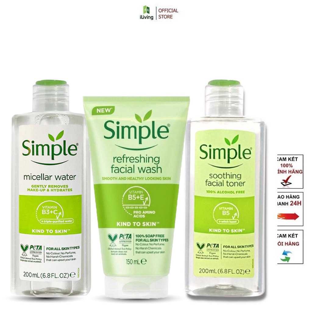 Bộ làm sạch, ngừa mụn cho da nhạy cảm Simple ( nước tẩy trang + nước hoa hồng + sữa rửa mặt ) ILVING-SIMCBNTTNHHSRM