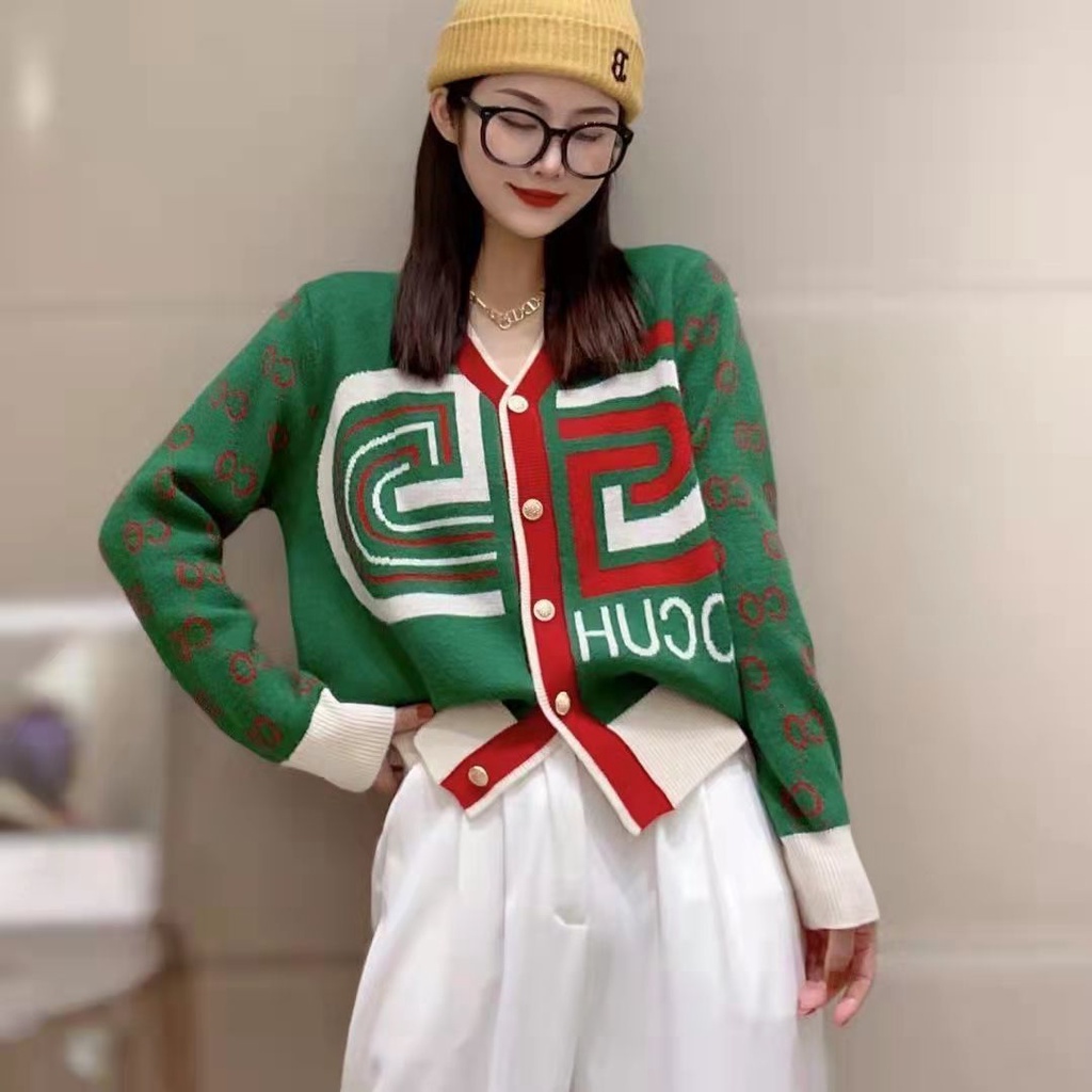 Áo Khoác Cardigan Dệt Kim Cổ Chữ V Màu Sắc Tương Phản Thời Trang Cho Nữ
