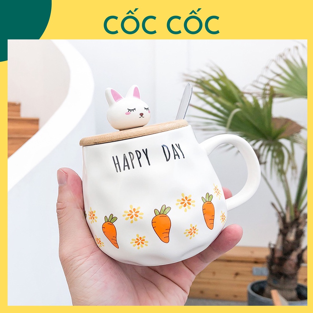 Cốc ly sứ Thỏ Carrot nắp gỗ 3D kèm thìa cà rốt siêu xinh 400ml dùng để uống nước, trà cafe, quà tặng bạn bè người thân
