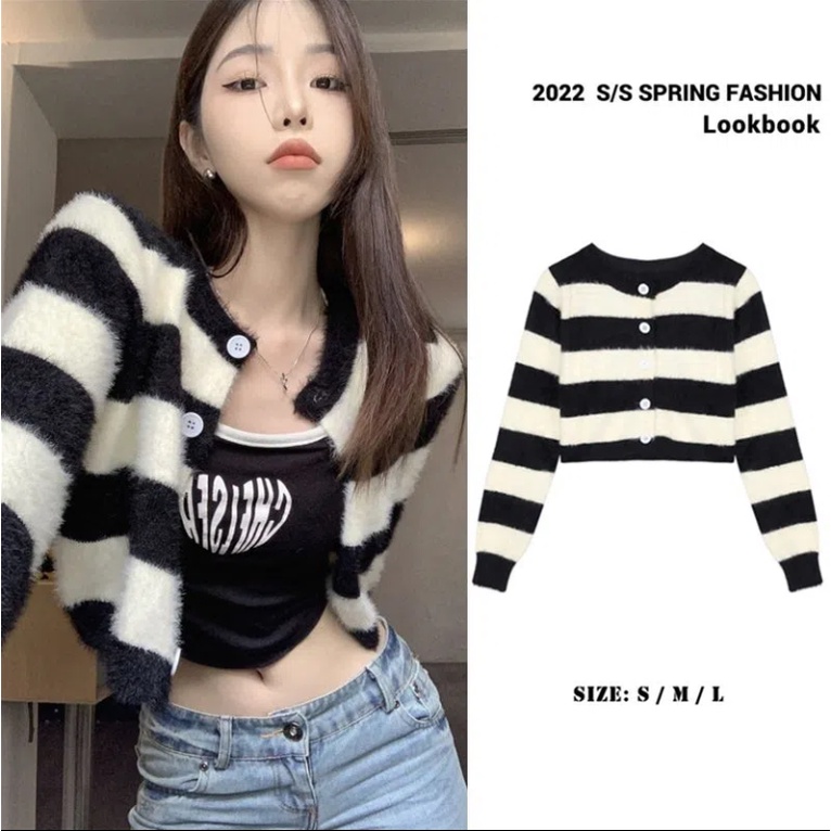 Áo Khoác Sweater Dệt Kim Kẻ Sọc Dáng Rộng Thoải Mái Cho Nữ