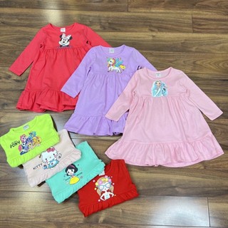  Váy cotton tay dài VNXK bé gái in hình Pony Elsa Minnie Mickey Kitty 