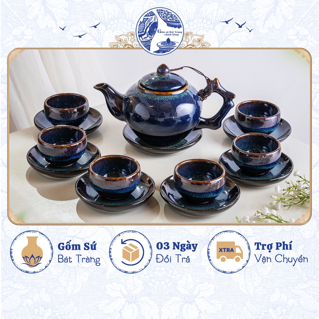 Bộ ấm chén uống trà men xanh hoả biến nhiều mẫu - Gốm sứ Bát Tràng chính hãng