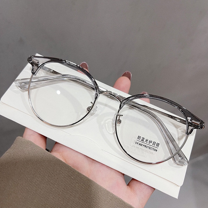 Gọng kính cận nữ nam cao cấp phong cách Hàn Quốc mắt kính không độ râm mát tròn ngố chống tia UV hit hot đẹp HANASO 113