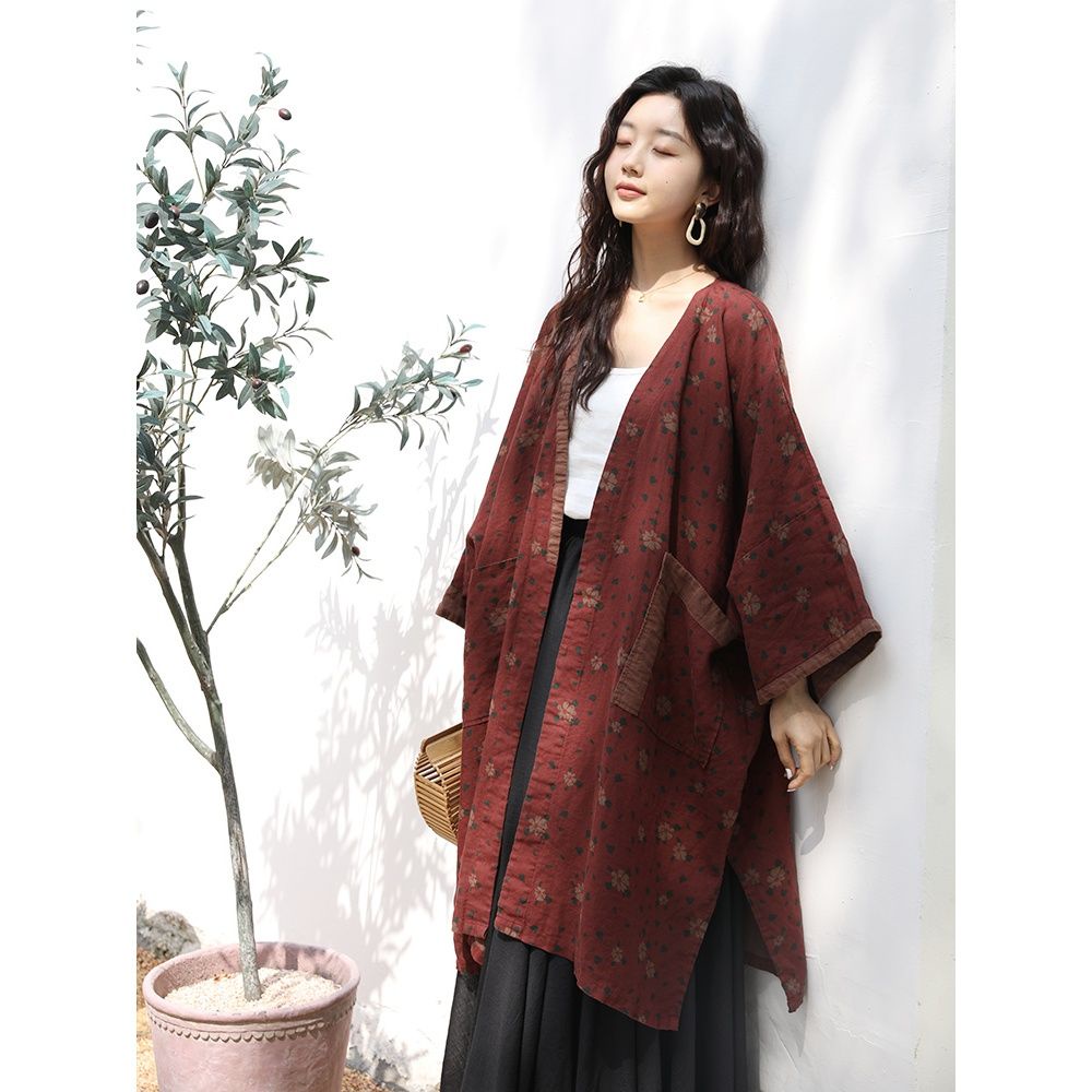 Áo Khoác Cardigan Dài Đến Mắt Cá Chân Dáng Rộng In Họa Tiết Thổ Cẩm Phong Cách Retro