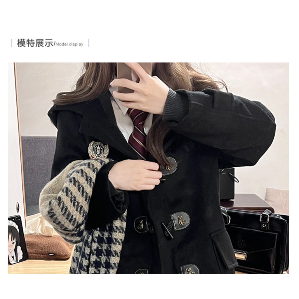 Jk Girls Preppy Áo Khoác Len Đen Dài Ngang Gối Có Mũ Trùm Cài Nút Sừng Phong Cách Preppy Mùa Đông