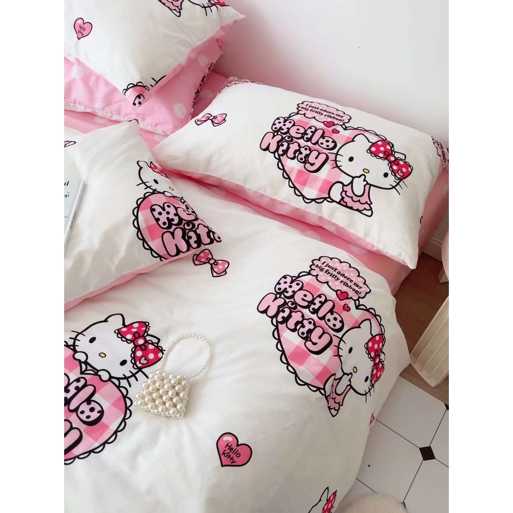Bộ chăn ga gối đệm, trải giường, drap giường Hello Kitty màu hồng trắng 100% cotton 4 món