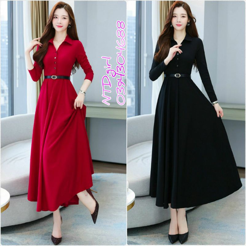 Hàng nhập - Đầm dáng xòe lụa cổ sơ mi đính nút tay dài, váy maxi công sở trẻ trung thanh lịch
