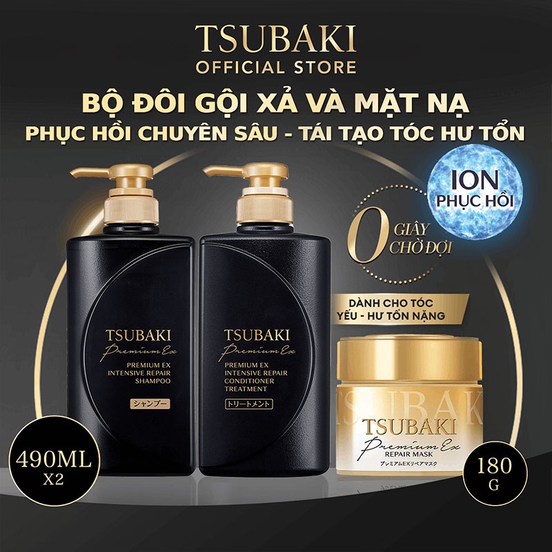 Combo Gội-Xả & Mặt nạ tóc Phục hồi hư tổn nặng & giảm gãy rụng -Tsubaki Premium EX Intensive Repair (490mlx2+180g)