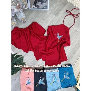 Set ngủ lụa yếm thêu hạc sexy bộ 2 dây lụa satin freesize