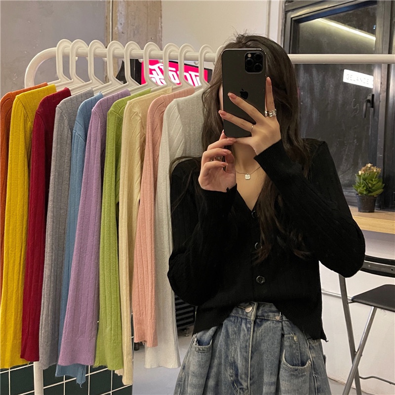 Áo len nữ dệt kim cổ chữ V trơn màu trơn tay dài 8 màu đơn giản phong cách Hàn Quốc