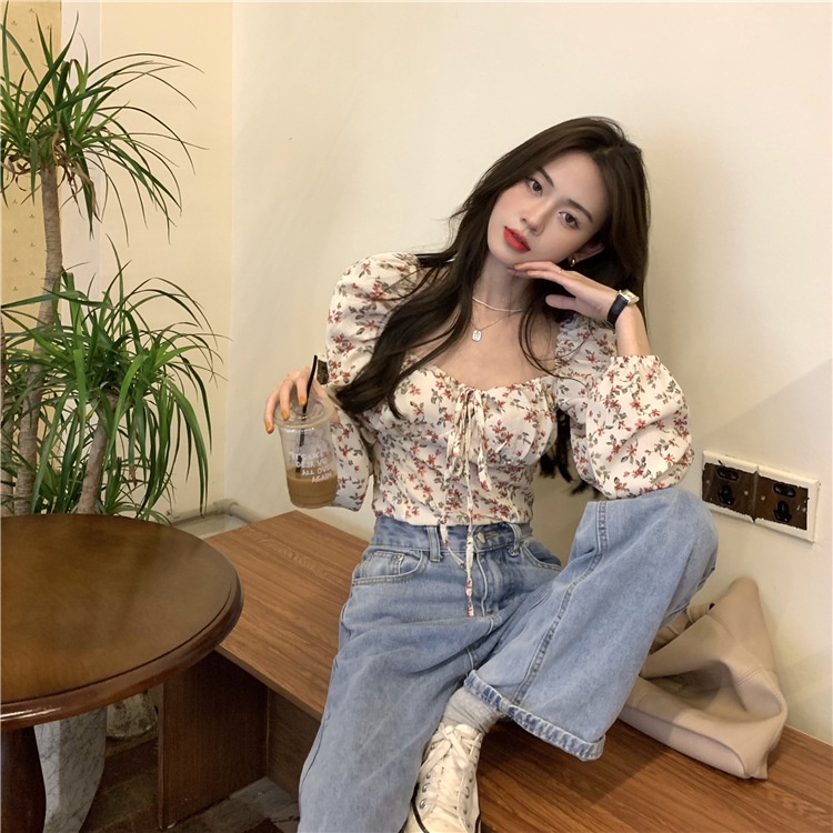 IELGY Áo Kiểu Tay Dài Cổ Vuông In Họa Tiết Hoa Nhí Xinh Xắn Thời Trang Kiểu Pháp Cho Nữ