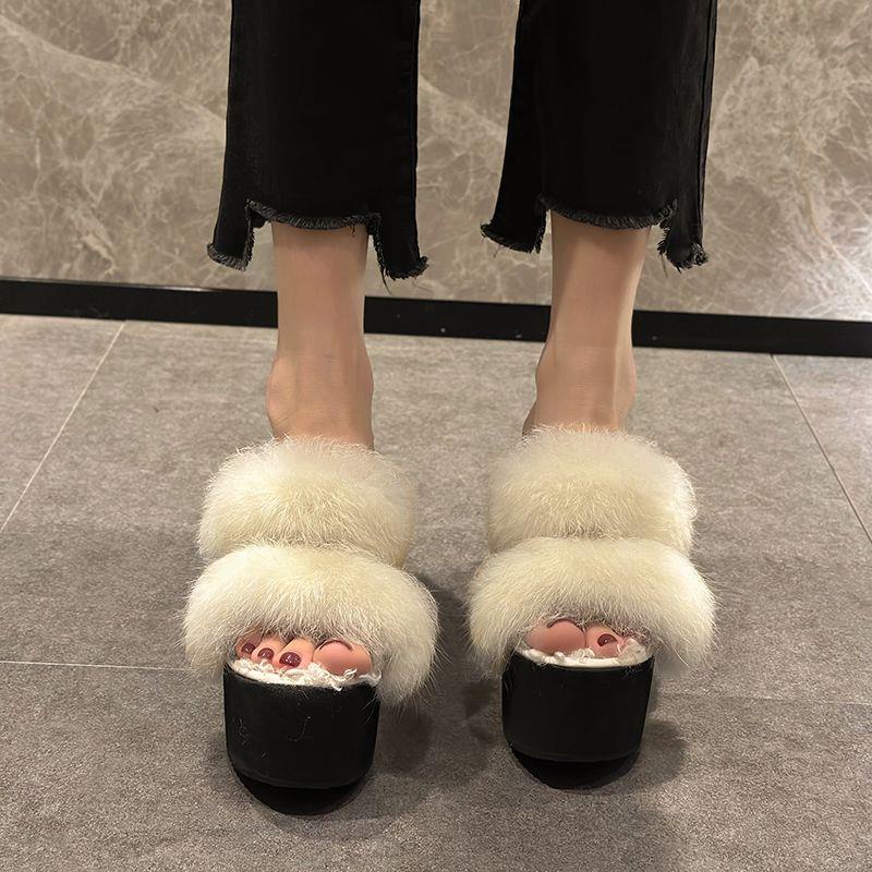 Dép Bông Đi Trong Nhà Bằng Cotton Phối Lông Thỏ Nhân Tạo Hai Quai Ngang Phong Cách Hàn Quốc Dành Cho Nữ