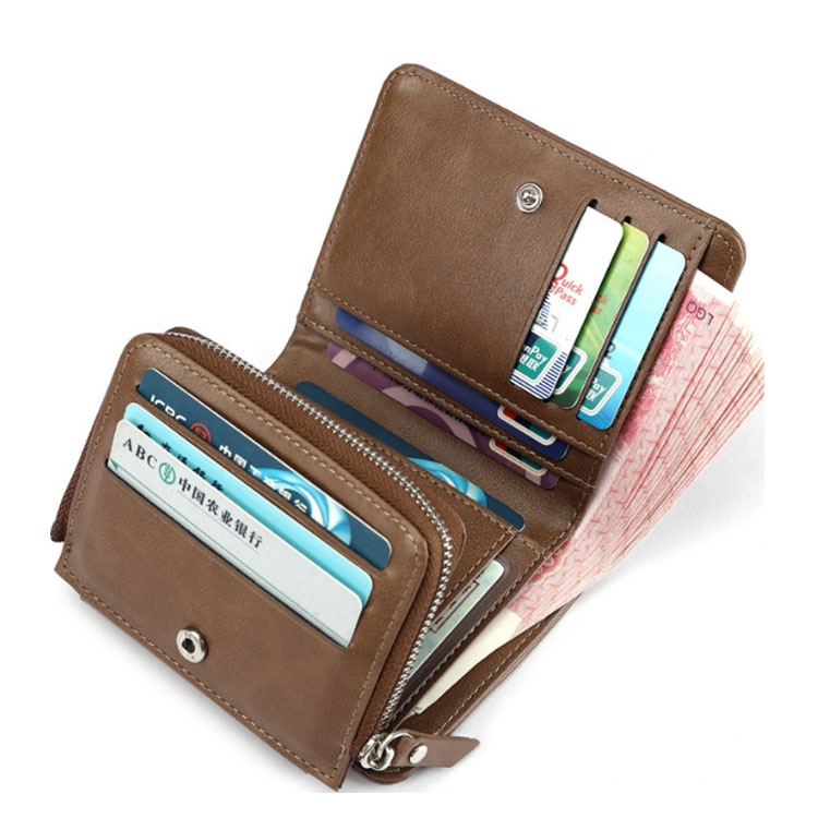 Ví Da PU Ngắn Gập Làm Ba Đựng Nhiều Thẻ Có Khóa Kéo Đa Năng Phong Cách Retro Cho Nam