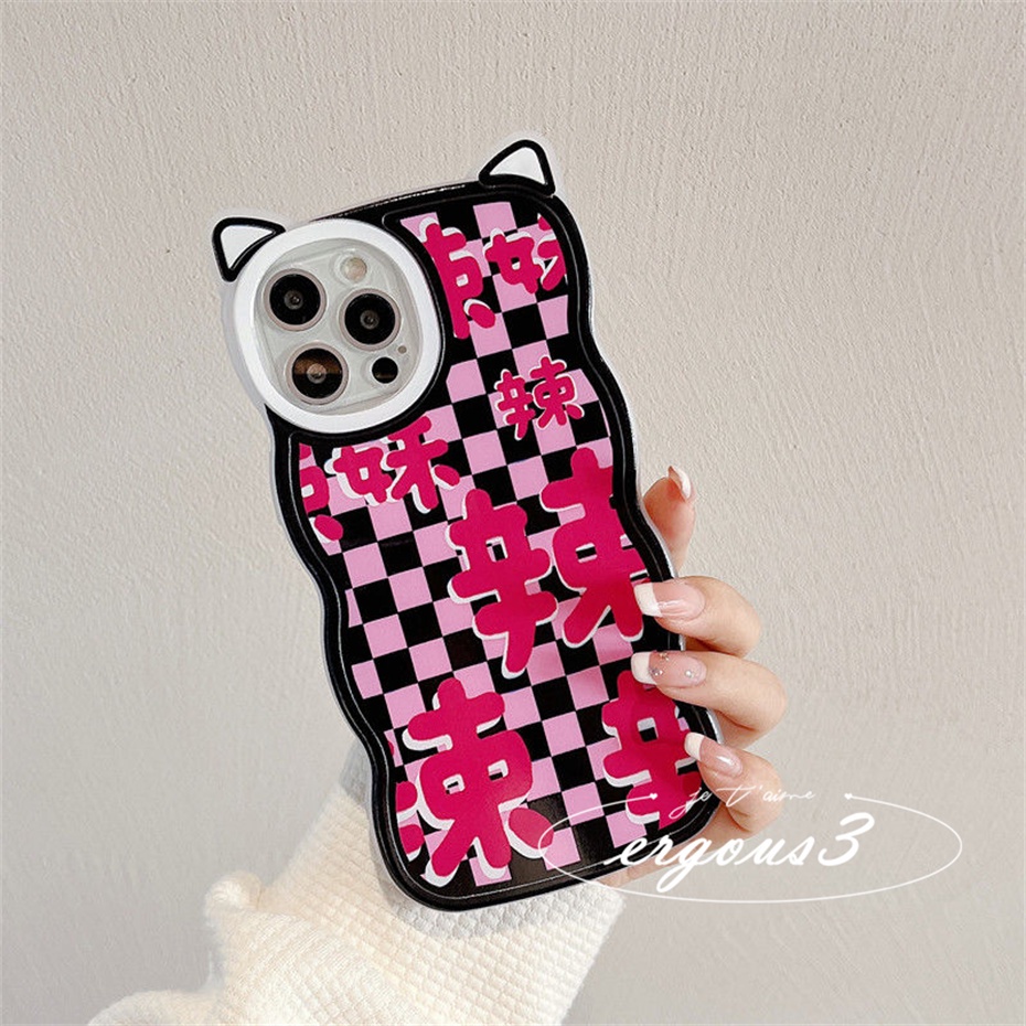 Cat EarỐp Điện Thoại Tpu Dẻo Họa Tiết Kẻ Ô Vuông Đen Hồng Cho IPhone 14 13 12 11 Pro Max SE2020 X XR Xs Max 7 8 6 6s Plus