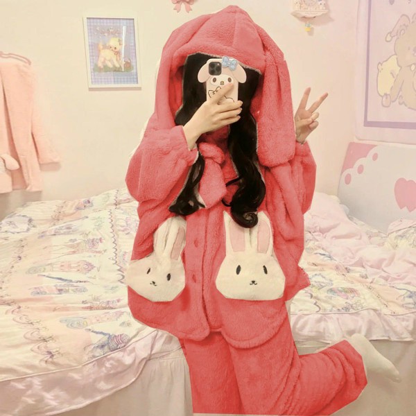 Bộ Ngủ NỮ hồng lông Tai Thỏ Túi Trắng Lông cừu dày mịn,giữ nhiệt tốtbộ thu đông mặc nhà