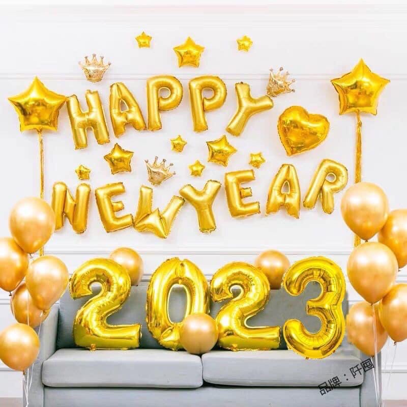 Set bộ bóng happy new year, bóng chúc mừng năm mới tặng bơm và băng keo