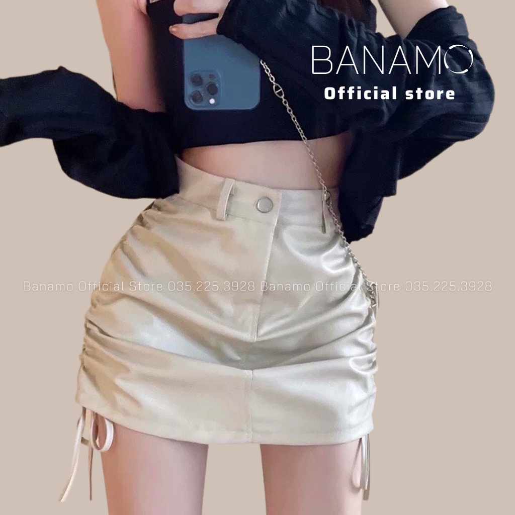 Chân váy ngắn nữ chất da mềm dây rút 2 bên cá tính màu đen nâu kem thời trang Banamo Fashion 5912