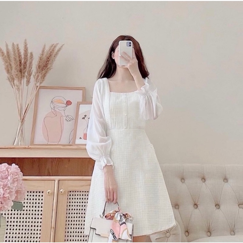 Váy dạ tweed 2 lớp đính cúc ngọc sang chảnh Linstore thiết kê