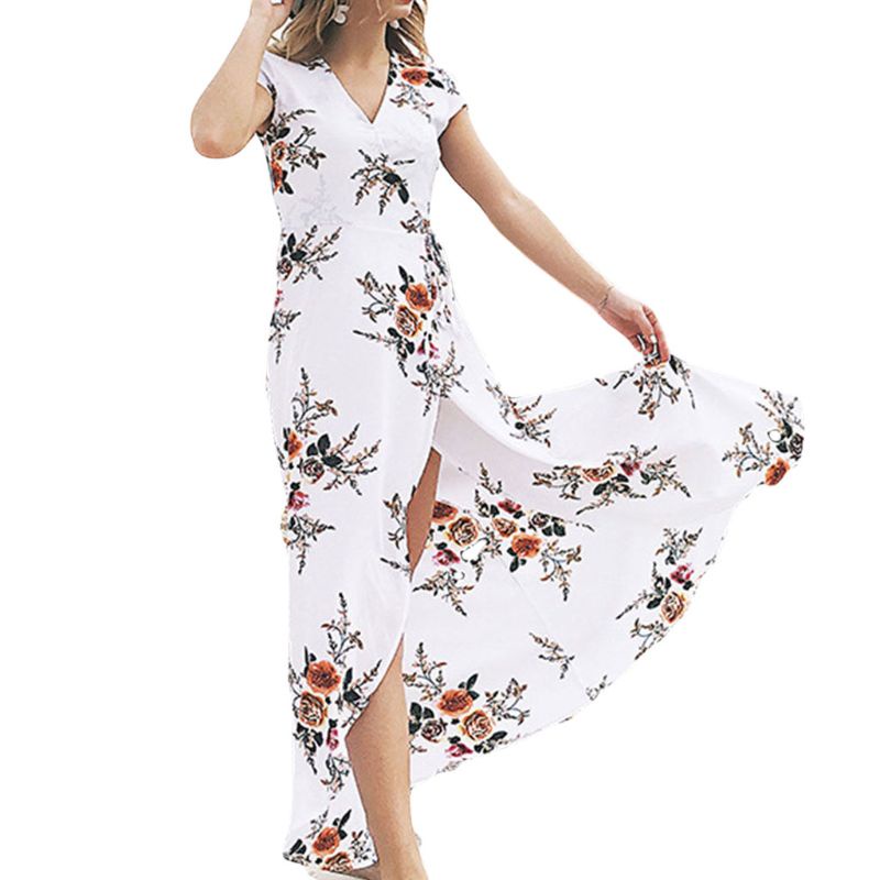 Đầm Maxi Tay Ngắn Cổ Chữ V Phối Ren Hoa Phong Cách Boho Quyến Rũ Cho Nữ