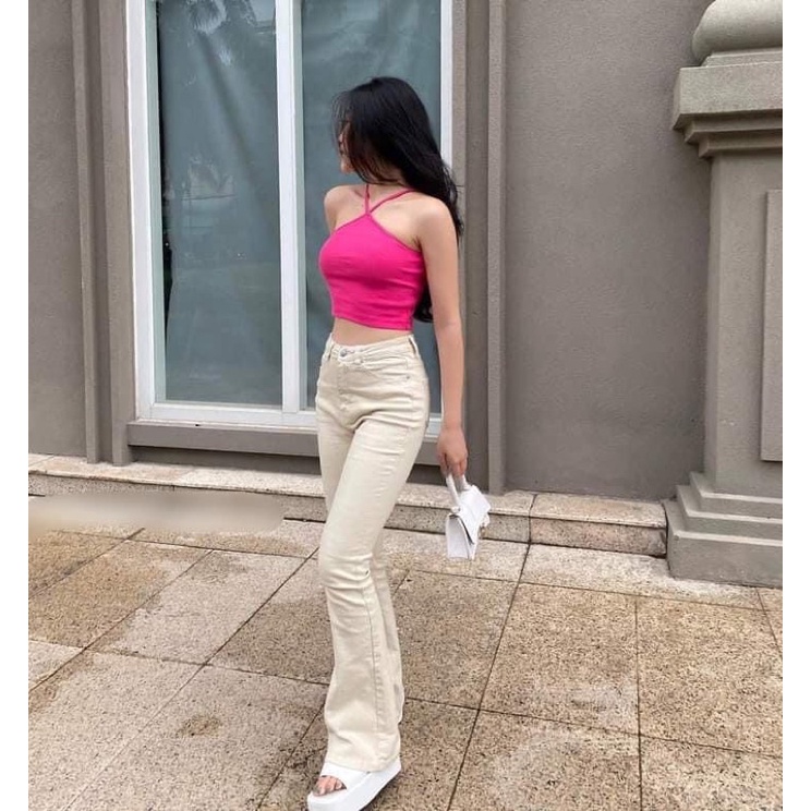 QUẦN JEANS XUẤT KHẨU  LOE TRẮNG/KEM DÀI 105CM LƯNG CAO CO GIÃN QJ658