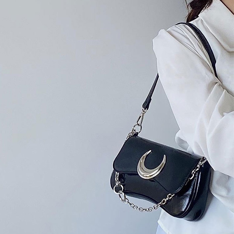 Túi Đeo Vai Màu Đen Có Khóa Hình Mặt Trăng Thời Trang Cao Cấp Cho Nữ