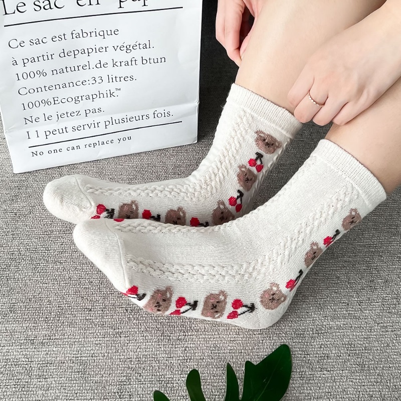 Tất Bắp Chân Hàn Quốc Dễ Phối Đồ / Vớ Dày Dặn Ấm Áp Họa Tiết Gấu Cherry Dễ Thương Thời Trang Thu Đông Cho Nữ