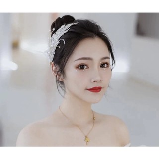 [Phụ kiện cô dâu] Kẹp tóc lá cườm trắng kết tóc lông vũ & hạt châu - MS930