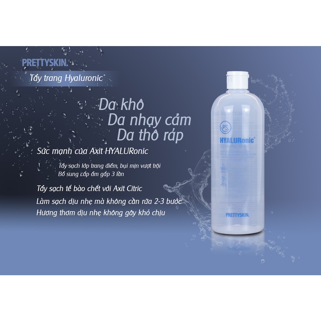 Nước tẩy trang dưỡng ẩm da PRETTYSKIN. HYALURonic Cleansing Water làm sạch trang điểm và bụi bẩn 600ml
