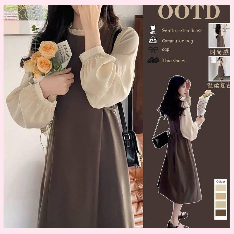 váy babydoll váy mùa đông cho nữ váy dài tay thu đông đầm công chúa Đầm Dài Tay Giả Hai Mảnh Dáng Ôm Phong Cách Hepburn Cổ Điển Mùa Thu Kiểu Mới
