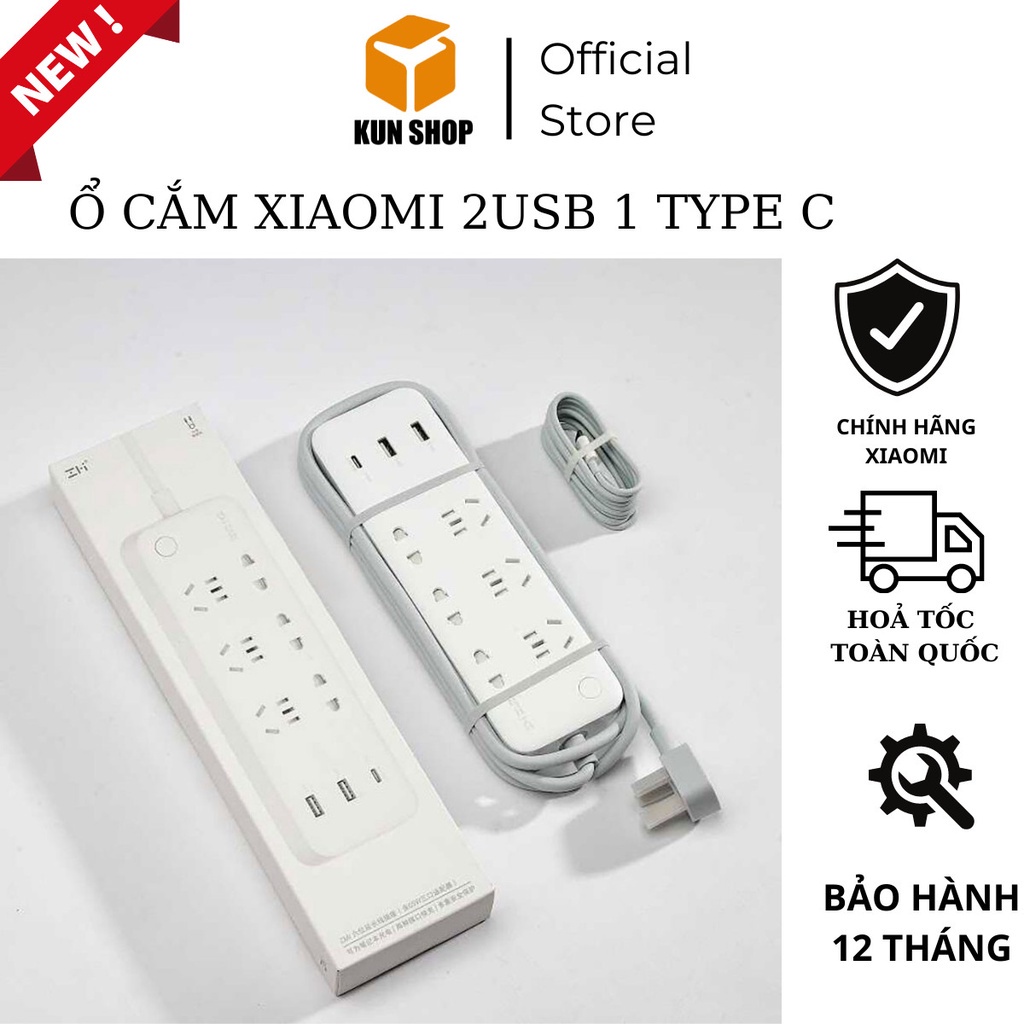 Ổ Cắm 3 Lỗ 2 Cổng USB 1 Type C Xiaomi-Phích Cắm Điện 3 Chân Thông Minh-Nhỏ Gọn Tiện Lợi-Cam Kết Chính Hãng Xiaomi