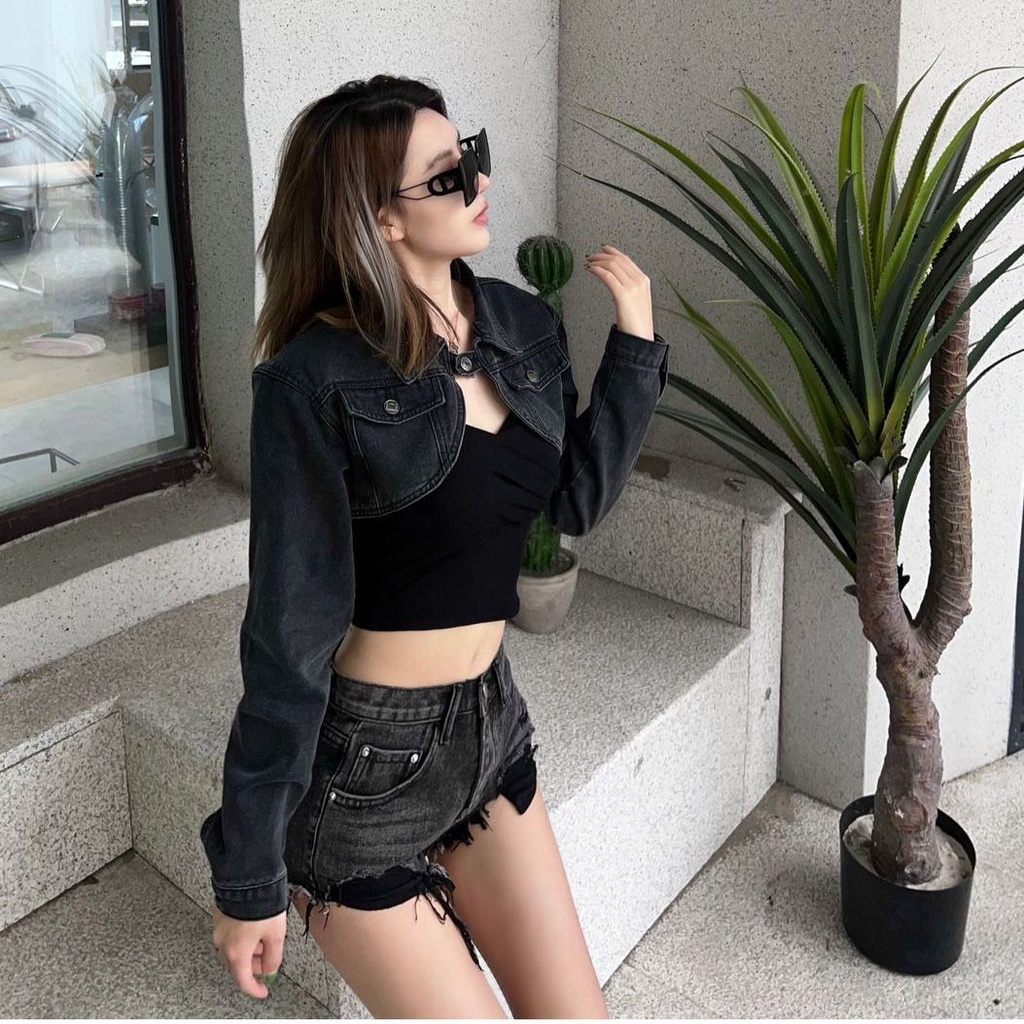 Áo Khoác Denim Ngắn Hai Dây Y2K Dáng Ôm Dễ Phối Đồ Cho Bạn Gái