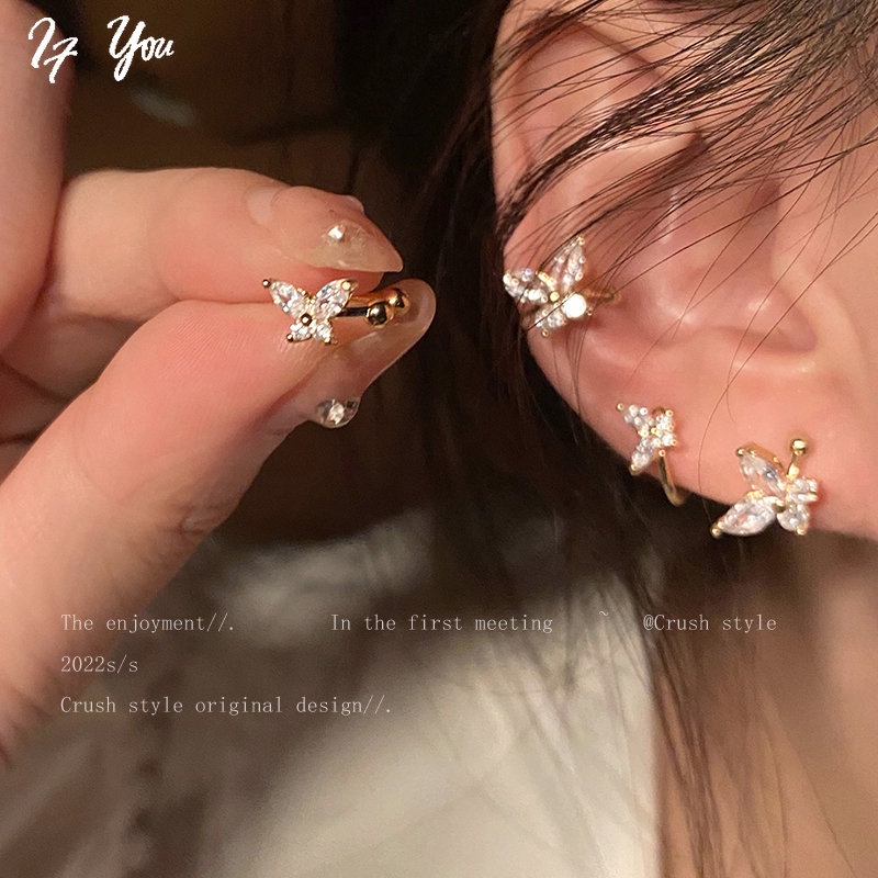 Khuyên tai AY hình bướm nhỏ và lớn đính đá pha lê thời trang thanh lịch cho nữ