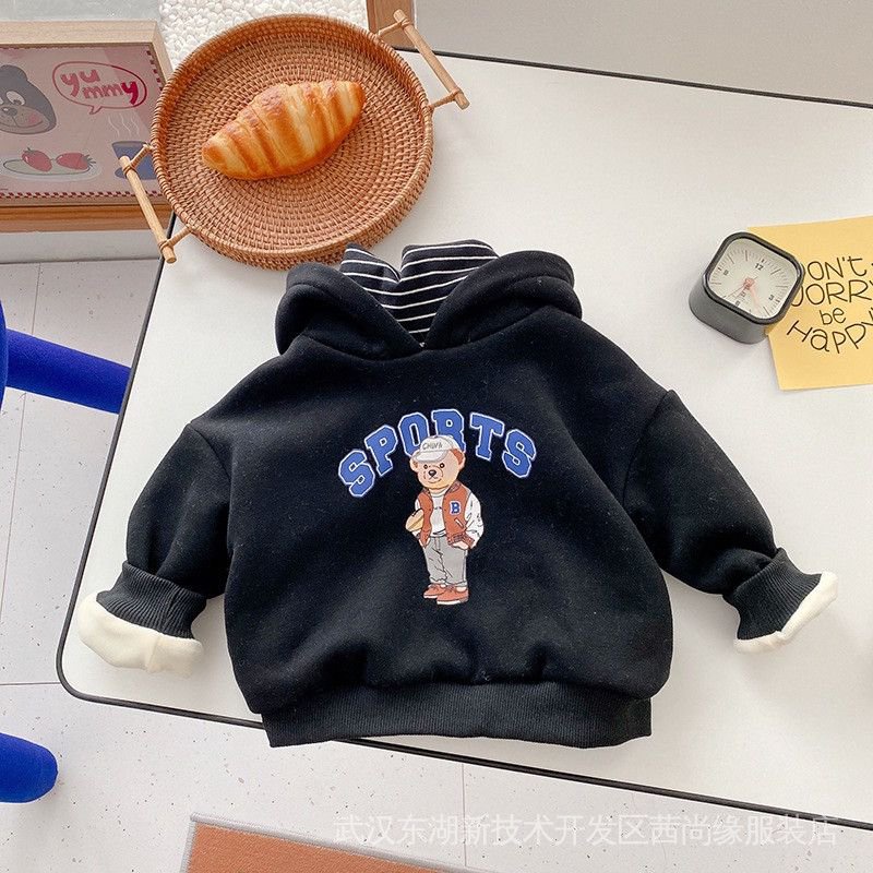 Áo Hoodie Giả Hai Lớp Lót Lông Cừu Phong Cách Hàn Quốc Thời Trang Mùa Đông Cho Bé Trai Và Gái Pu