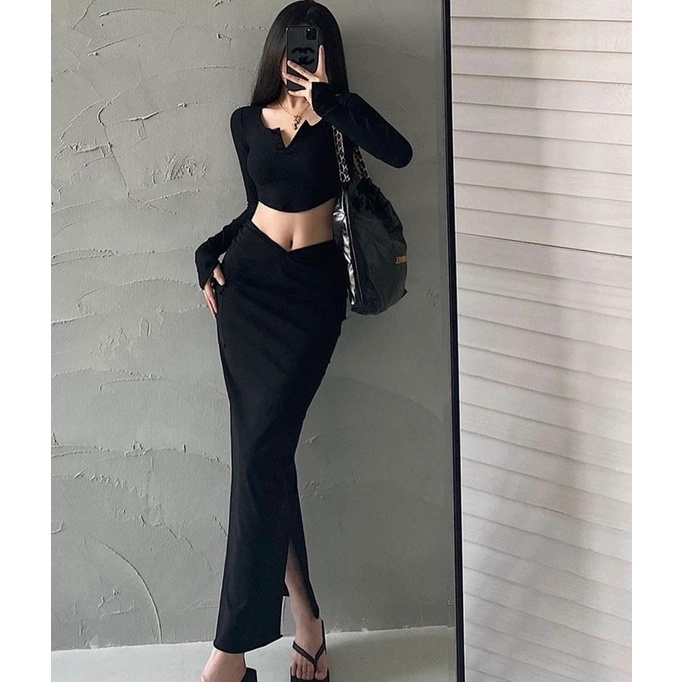 SET ÁO CROPTOP LAI BẦU TAY DÀI KÈM CHÂN VÁY MIDI ĐEN XẺ NHÚN EO