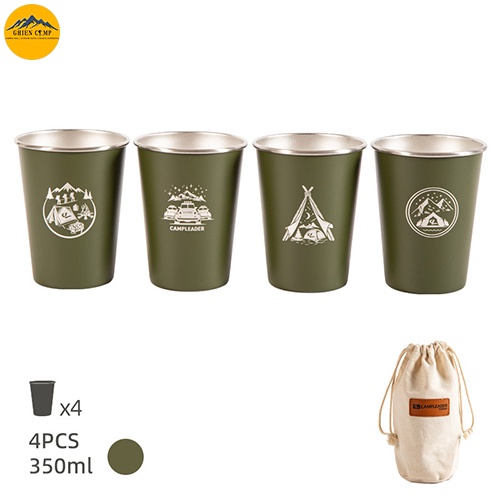 COMBO Cốc Cắm Trại_ 4 cái Inox 304 350ml Khắc Laser Hoa Văn Camping Tiện Dụng An Toàn Kèm Túi Vải Dùng Cắm Trại Dã Ngoại