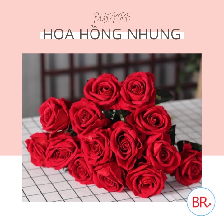 Cành hoa hồng nhung giả bông to (70cm) loại dẹp - Hoa hồng nhung trang trí nhà cửa bền đẹp, sang trọng Br 01735