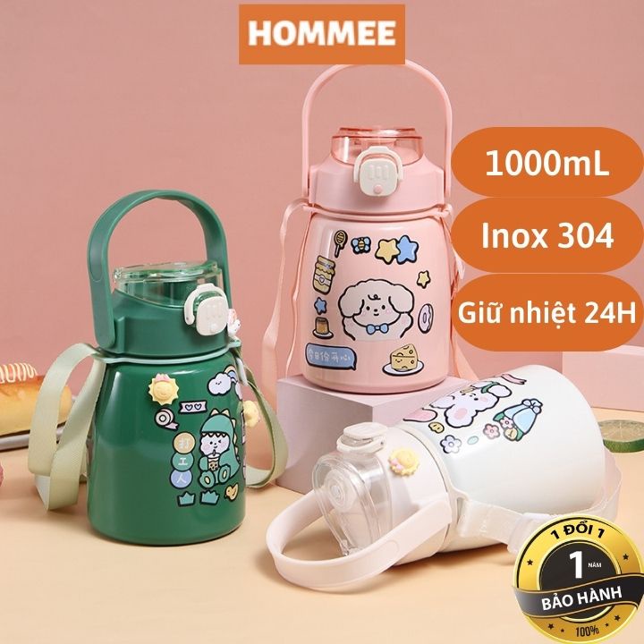 Bình giữ nhiệt, nóng lạnh 24h inox 304 1000ml. Bình nước cute có sticker và ống hút dây đeo. Bình nước giữ nhiệt cao cấp