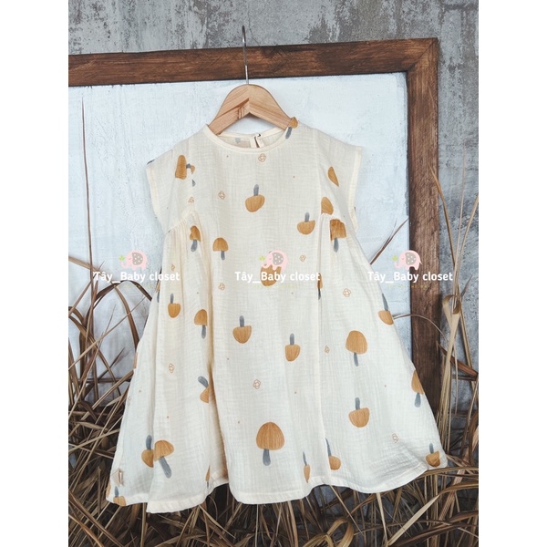 Đầm thiết kế babydoll cho bé gái 1,2,3,4,5,6 tuổi xô muslin nấm